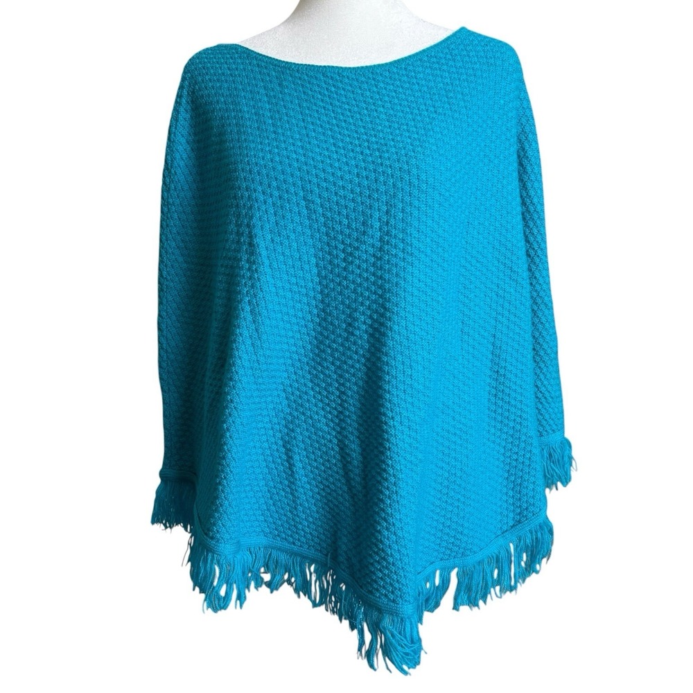 VTG Y2K Crochet Poncho Cape Fringe Knit One Size Lagenlook Cottage Coastal Teal